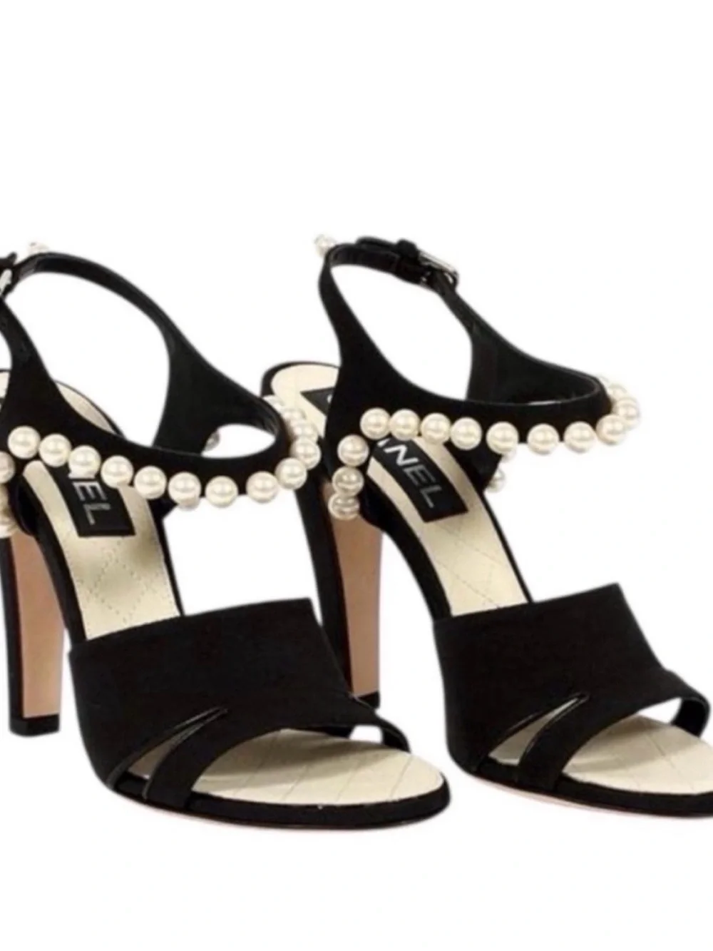 CHANEL Black Suede Faux Pearl Slingback Heeled CC Runway Sandals